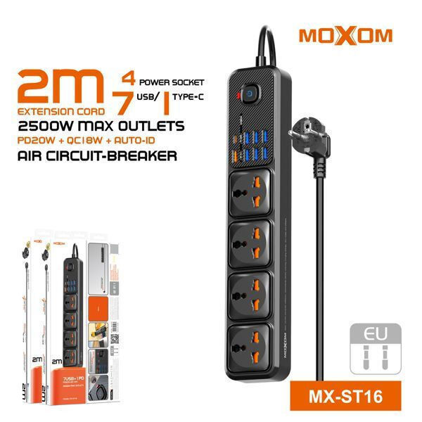 MX-ST16 12 IN 1 Power Strip MOXOM ST16 12 IN 1 US Power Strip MOXOM ST16 -  4 SLOTS+7 USB+ TYPE C 20W - 2 METERS CORD - Child Safety Shutters - Air Circuit-breaker - Overload Protection - PD20W QC18W - 2500W Max Outlets