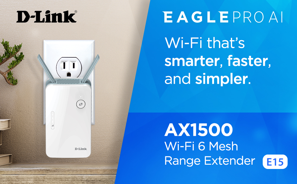 DLINK-E15   D Link E15 Eagle Pro AI WiFi 6 Range Extender D-Link E15 Eagle Pro AI AX1500 Mesh WiFi 6 Range Extender Dual-band 2x2 Blazing Fast Connectivity