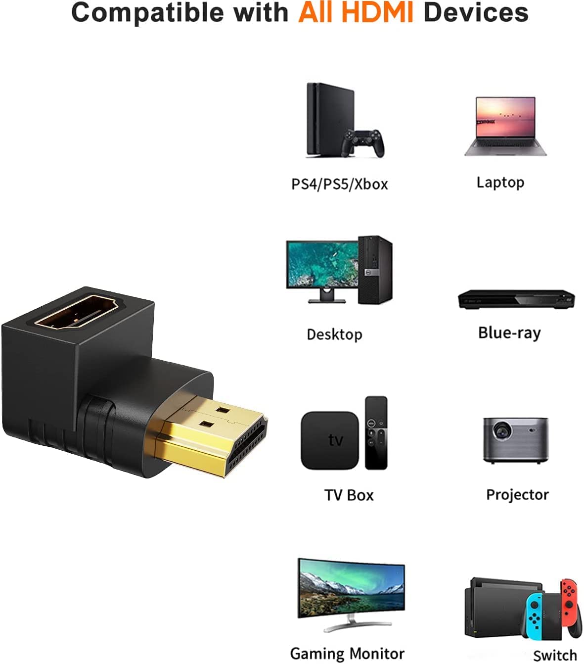 HDMI Adapter 90 Degree 4K Male to Female - Right Angle L-Type HDTV Connector Converter -  for PS4 HDTV HDMI Plasma TV And LED HDMI Adapter 90 Degree Male Female