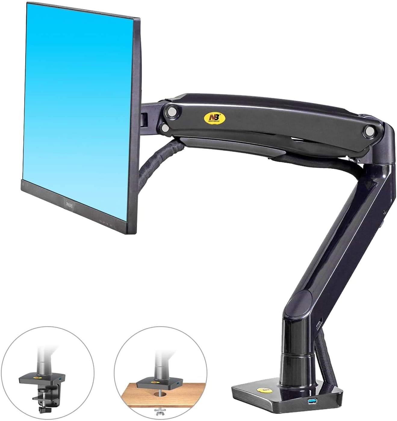 NB F100A Gas Spring Arm 22-35 inch Screen Desktop Monitor Holder 360 Rotate 3-12kgs Monitor Mount Arm with USB 3.0 Port Monitor Mount Arm USB 3.0 Port