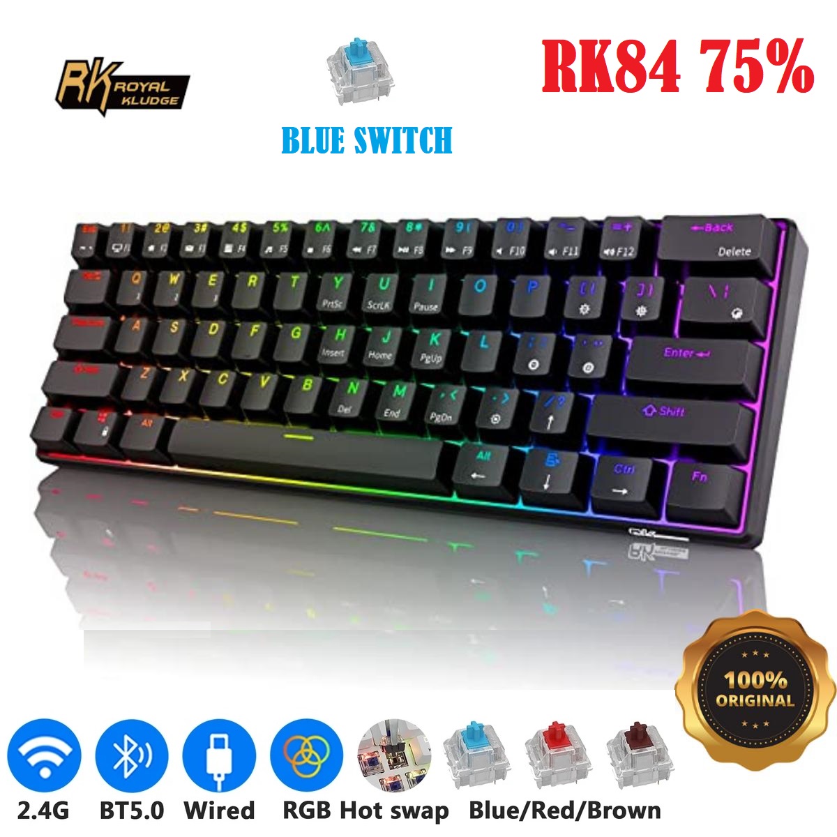 RK ROYAL KLUDGE RK84 RGB 75% Triple Connectivity Mode BT5.0/2.4G/USB-C Hot Swappable Mechanical Keyboard