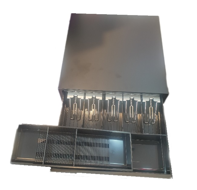 Heavy Duty Cash Drawer - Multipurpose Shop Till Drawer - 12V - 5 Bills & 3 Coins/Cash Compartments - Removable Tray Insert - RJ11 Interface - 450x470x146 mm Large Size - BLACK Cash Drawer 12V RJ11 Interface