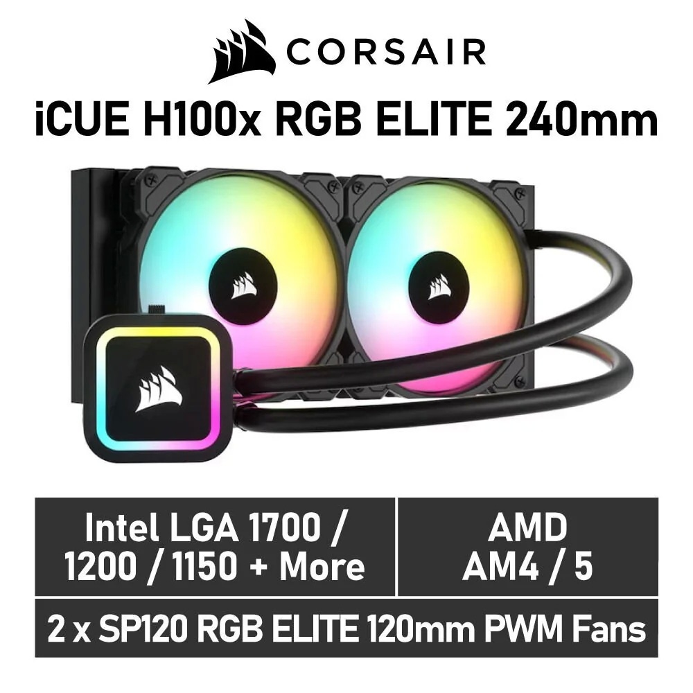 CW-9060065-WW2 H100x RGB Elite 420 Liquid CPU Cooler Corsair H100x RGB Elite 420 Liquid CPU Cooler - 2 PWM Fans 120mm x 25mm - Dynamic LEDs SP120 Series PWM Fans with AirGuide Intel® LGA 1700