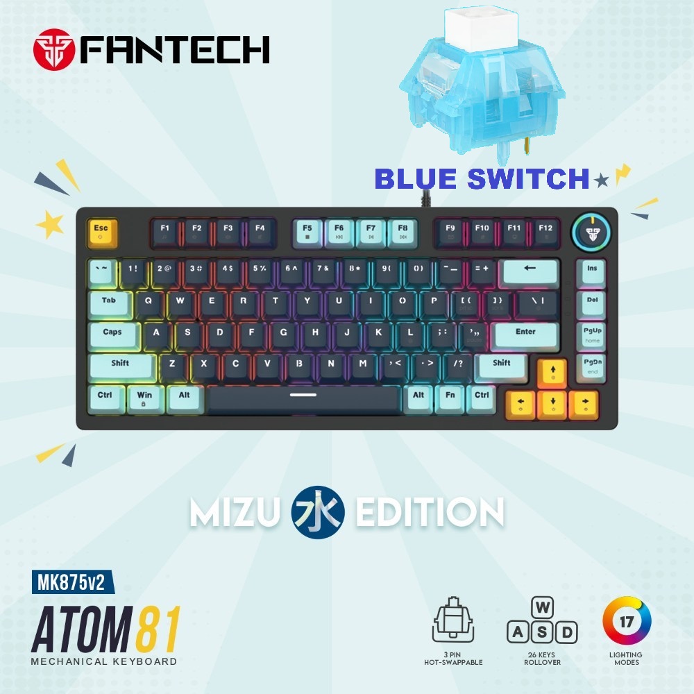 MK875V2-NAB MK875V2 ATOM81 MECHANICAL GAMING KEYBOARD FANTECH MK875V2 ATOM81 MECHANICAL GAMING KEYBOARD – 81 Keys Double Injection Keycaps – 3 Pin Hot Swappable – Blue Switch – Multi Function Knob – 17 RGB Modes – 26 Keys Rollover AntiGhosting