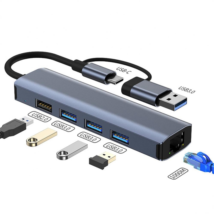 5-in-2 Adapter Converter USB 3.0/USB C HUB to ( RJ45 Gigabit Ethernet 3x USB 3.0 1x USB 2.0 )