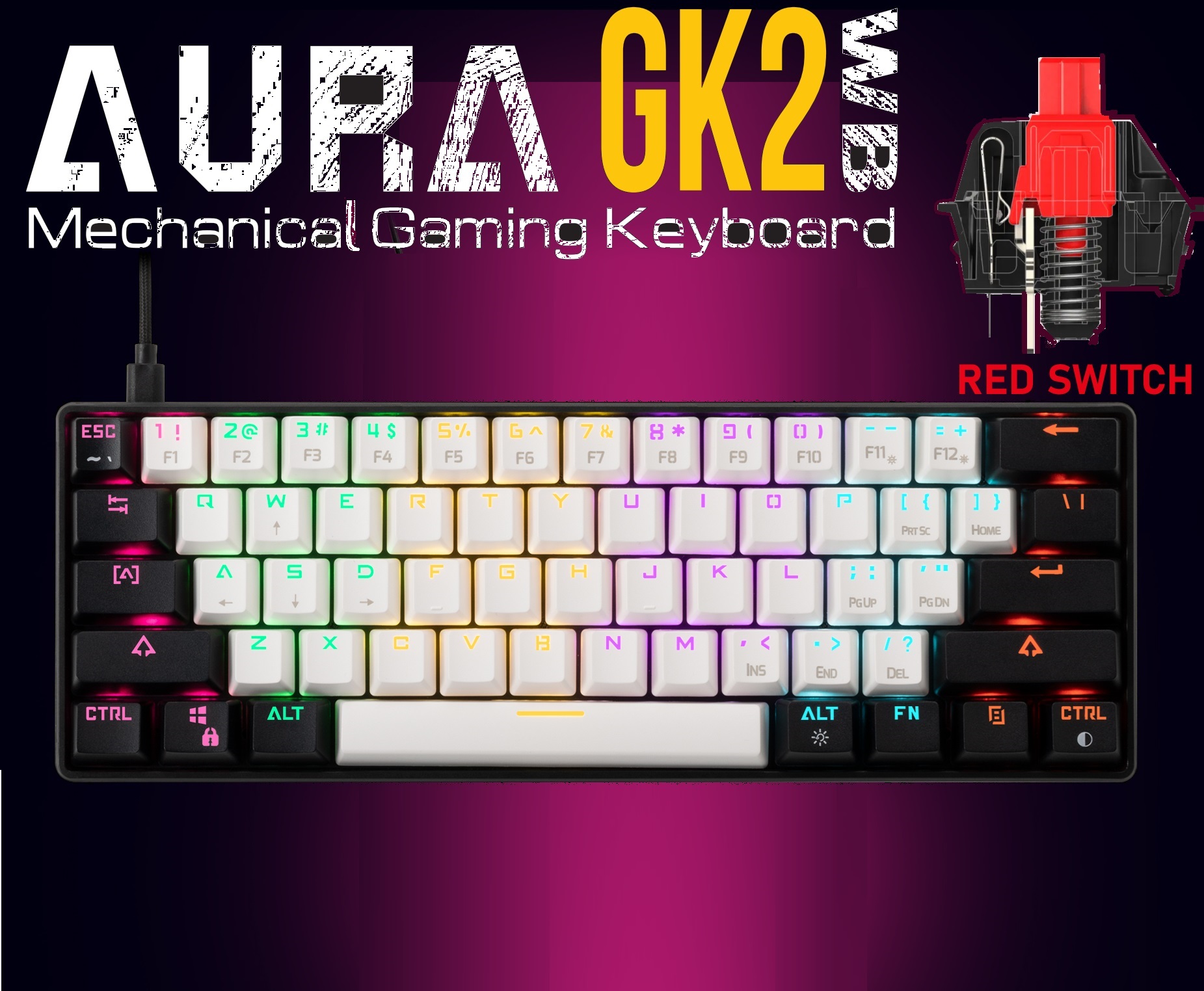 AURA-GK2-WB Aura GK2 60% Mechanical Gaming Keyboard GAMDIAS Aura GK2 White & Black 60% Mechanical Gaming Keyboard Red Switches