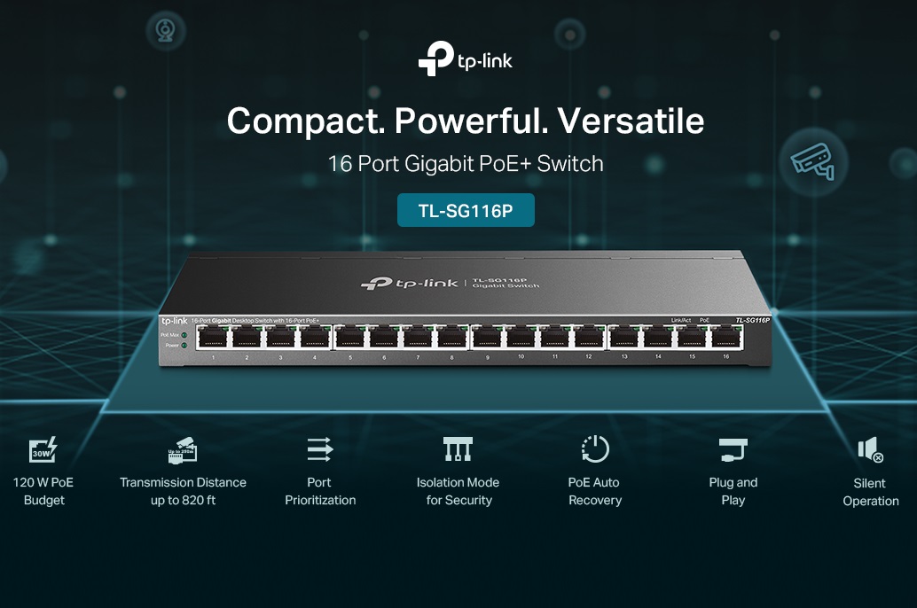 TP-Link TL-SG116P | 16 Port Gigabit PoE Switch | 16 PoE+ Ports @120W | Plug & Play | Extend