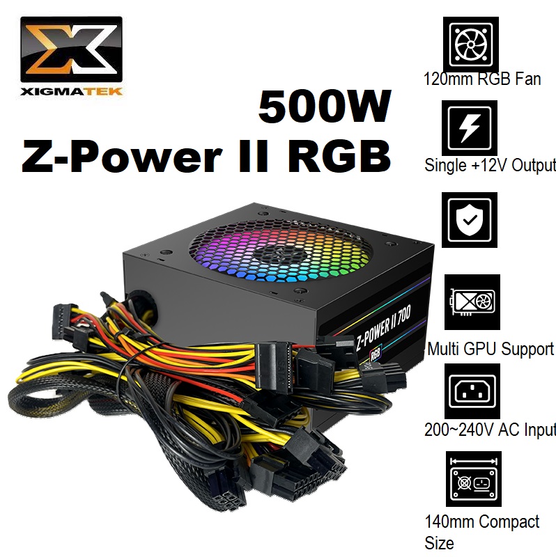 EN44557 Z-Power II RGB 700 PSU Non-Modular 500W XIGMATEK Z-Power II RGB 700 PSU Non-Modular 500W - 120mm RGB Fan - AC 230V Input