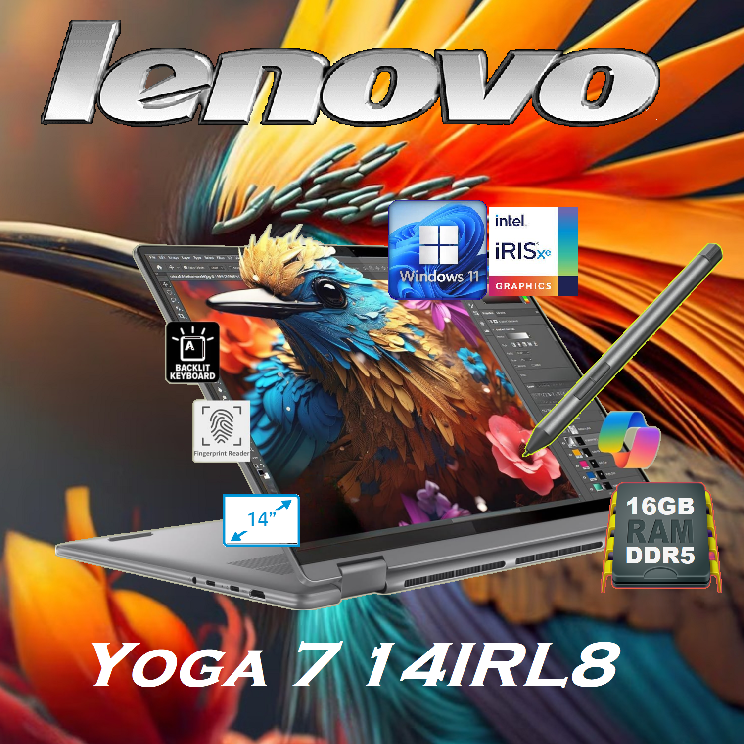 82YL0046CF i5-1335U 16GB DDR5 RAM 14 inch 2K Touchscreen Lenovo 2-in-1 Yoga 7 14IRL8 Intel® Core™ i5-1335U