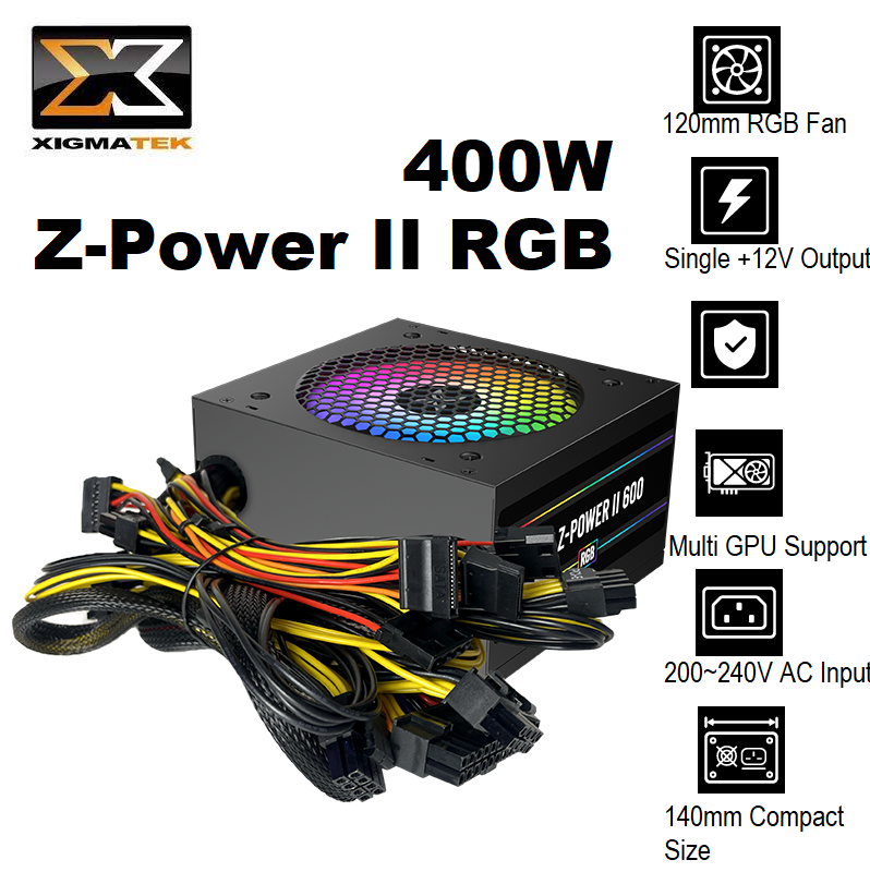 EN44540 Z-Power II RGB 600 PSU Non-Modular 400W XIGMATEK Z-Power II RGB 600 PSU Non-Modular 400W - 120mm RGB Fan - AC 230V Input