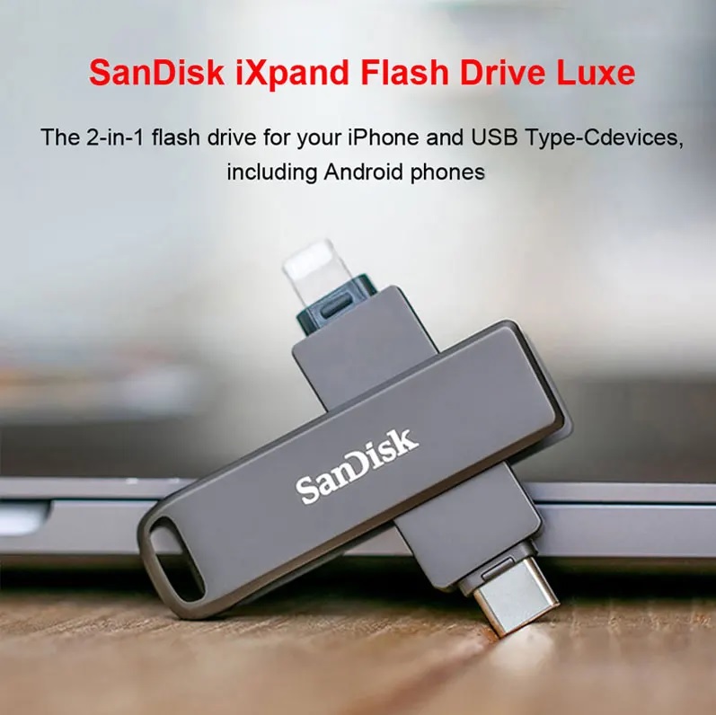 SDIX70N-064G-GN6NN 64GB Dual USB Connector for iPhone USB Type C SanDisk 64GB iXpand Flash Drive Luxe for iPhone and USB Type-C Devices  - Lightening & USB 3.0 Hardware Interface  - Dual USB Connector - 90 Mbs Speed  -SDIX70N-064G-GN6NN