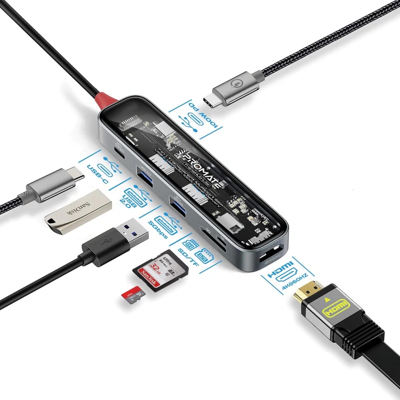 Power Charging & Data SD TF USB-C USB-A HDMI Ports Hub Promate TransHub-Lite 7-in 1 Transparent Multiport Slim USB-C Hub with 100W Power Delivery - Power Charging & Data SD TF USB-C USB-A HDMI Ports Hub