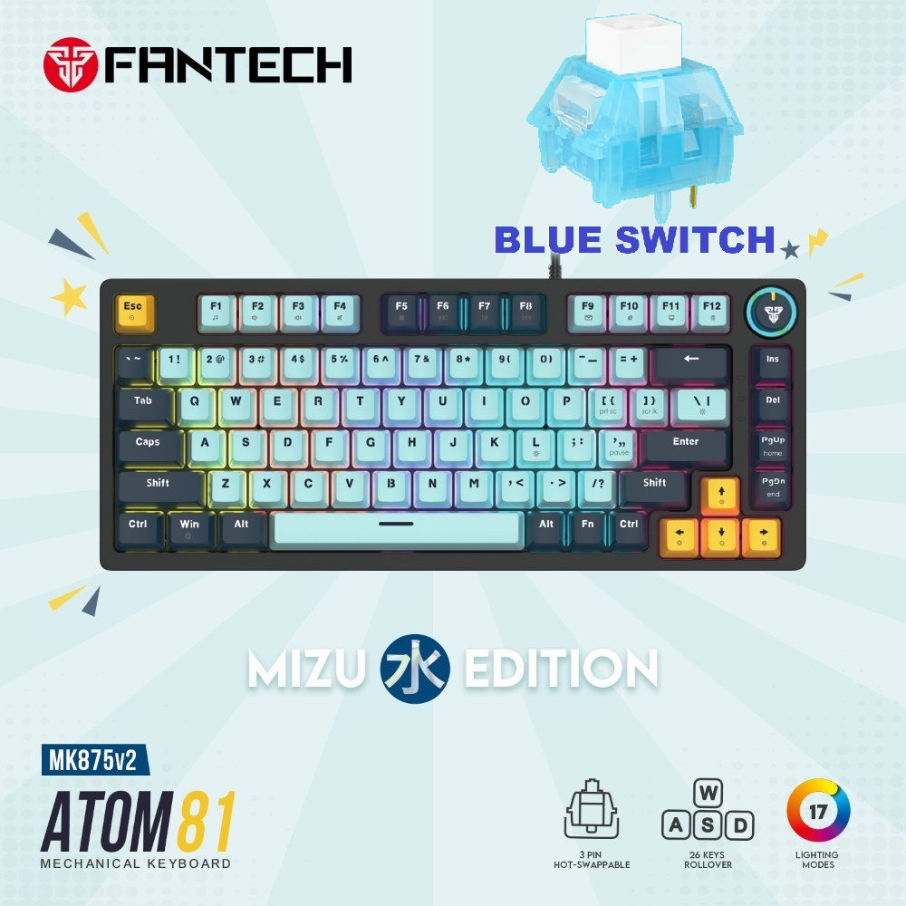 MK875V2-SKB MK875V2 ATOM81 MECHANICAL GAMING KEYBOARD FANTECH MK875V2 ATOM81 MECHANICAL GAMING KEYBOARD – 81 Keys Double Injection Keycaps – 3 Pin Hot Swappable – Blue Switch – Multi Function Knob – 17 RGB Modes – 26 Keys Rollover AntiGhosting